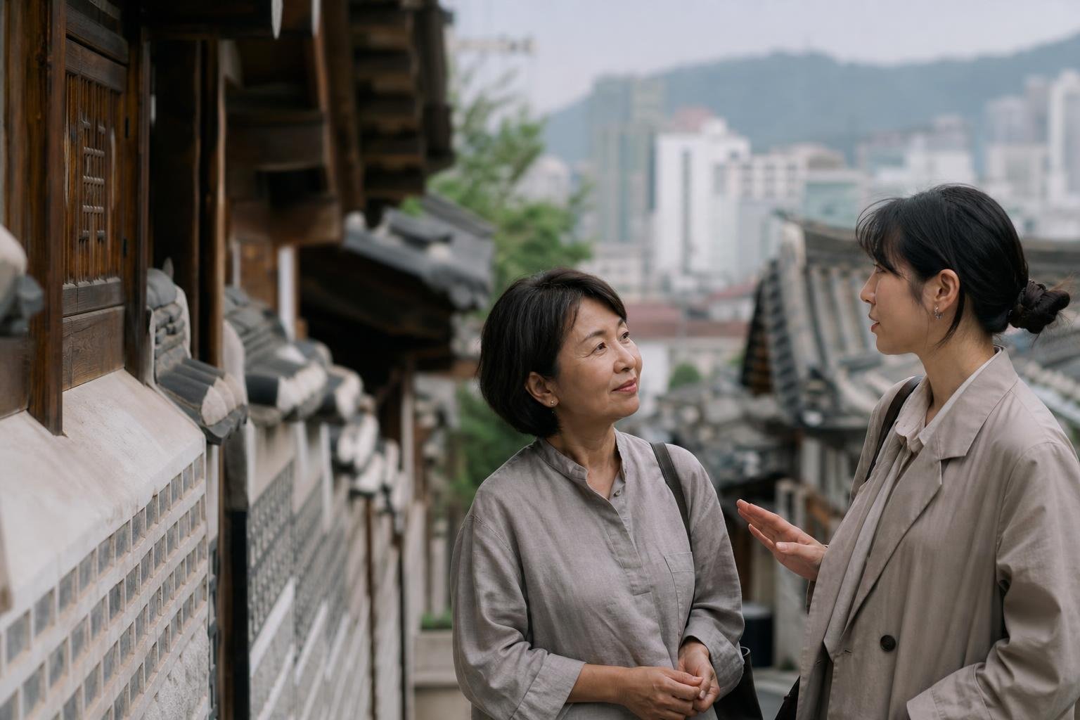 Coworkers choosing polite forms of address during a conversation in a Seoul office