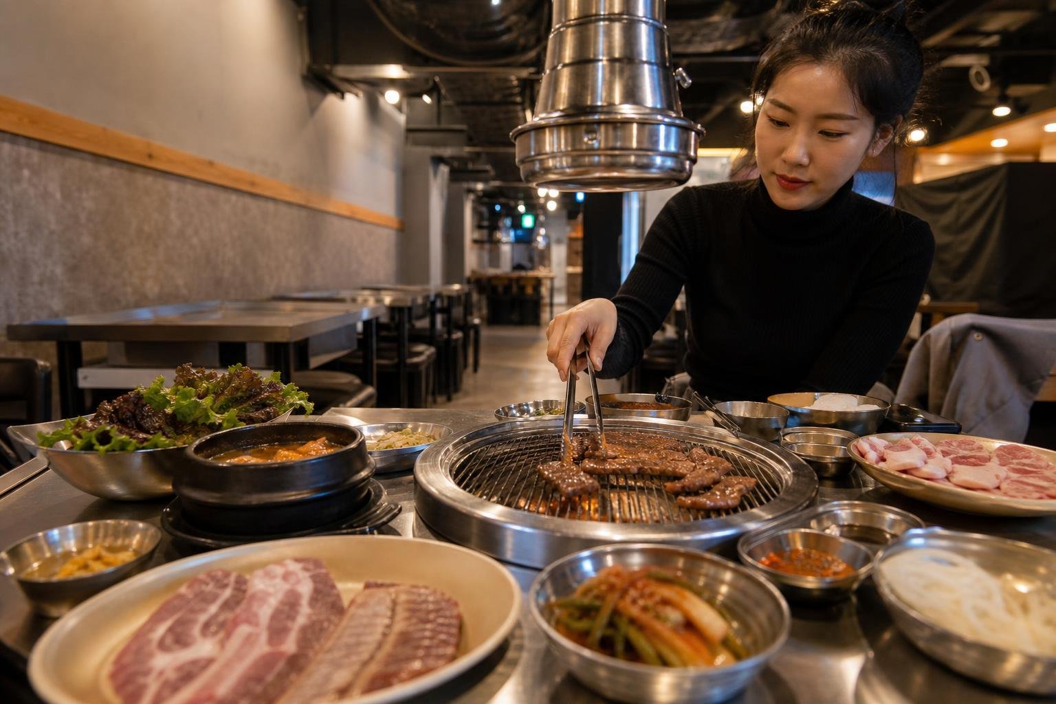 Two diners reviewing a meat menu beside a built-in charcoal grill in Seoul