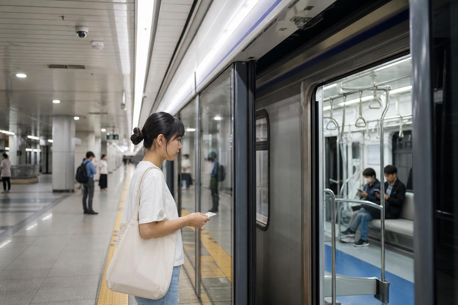 Passenger holding a Tmoney card beside subway entrance gates in Seoul