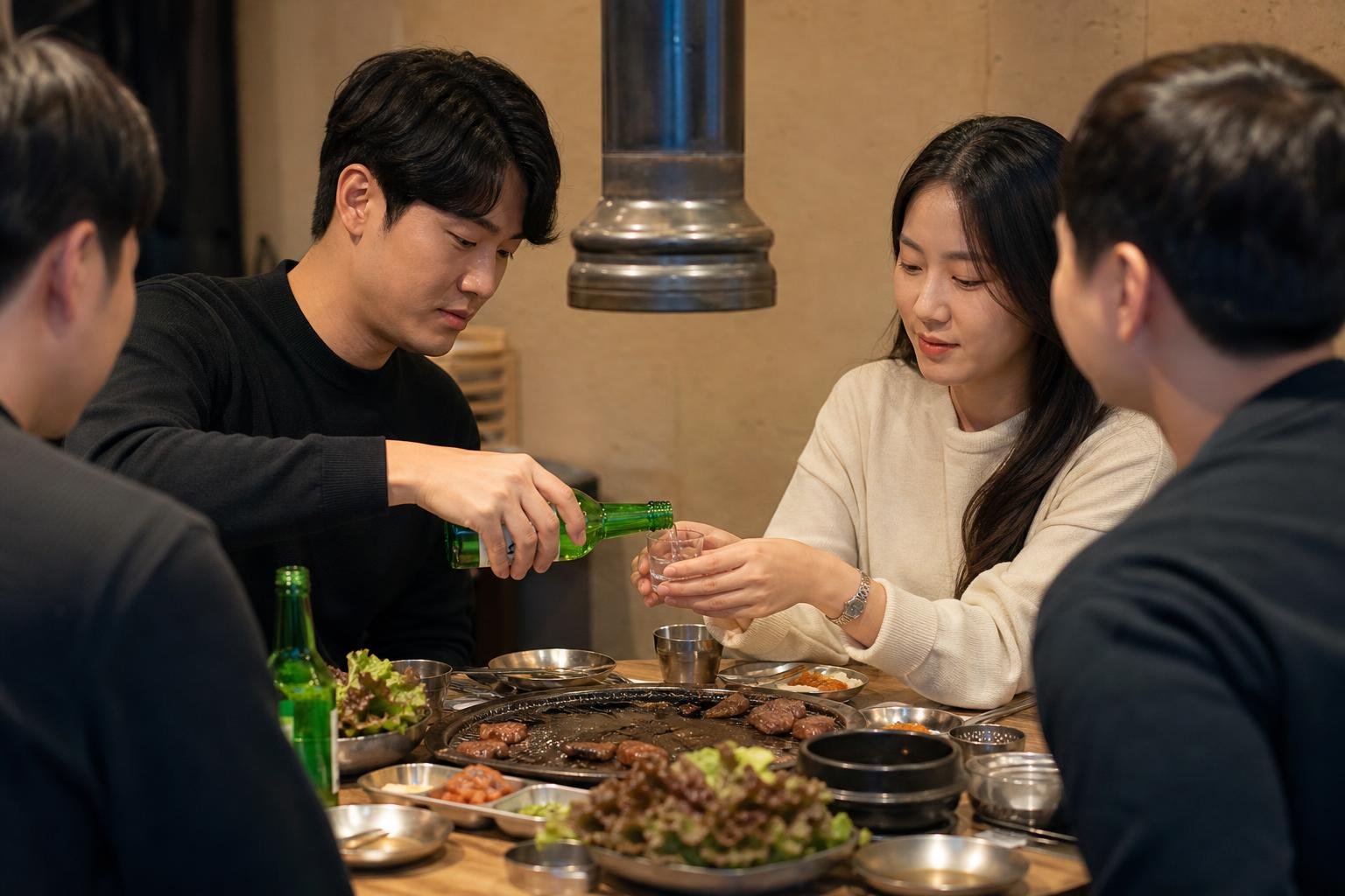 Diner supporting a soju bottle with both hands while pouring for an older guest