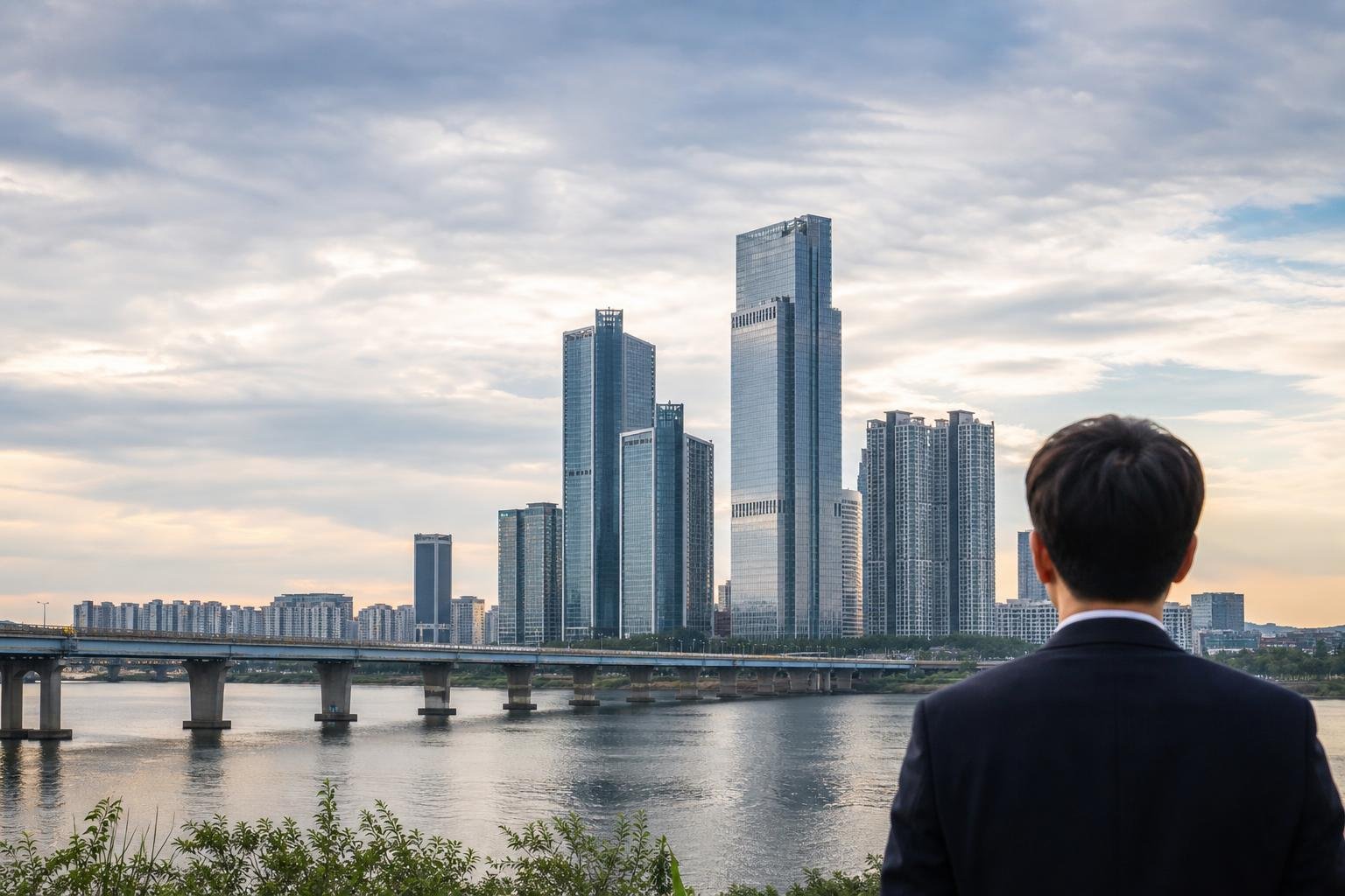 Seoul business district with towers displaying several major Korean corporate brands
