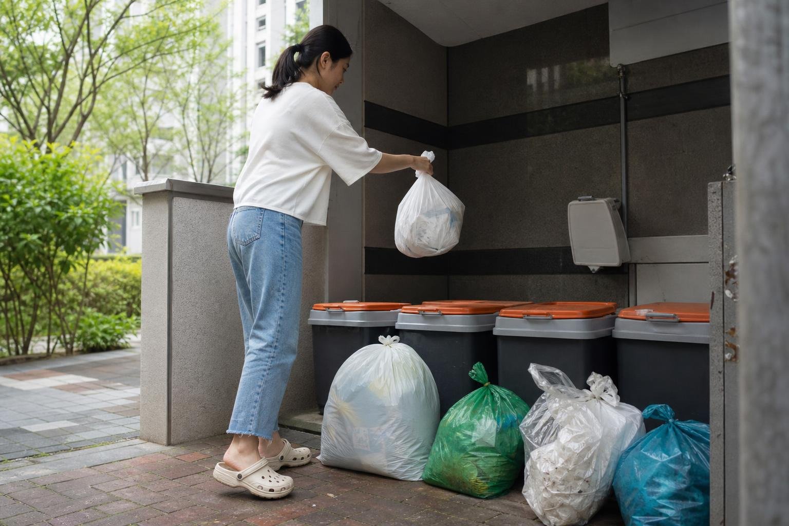 Shop clerk handing a pack of locally issued volume-based trash bags across a convenience-store counter