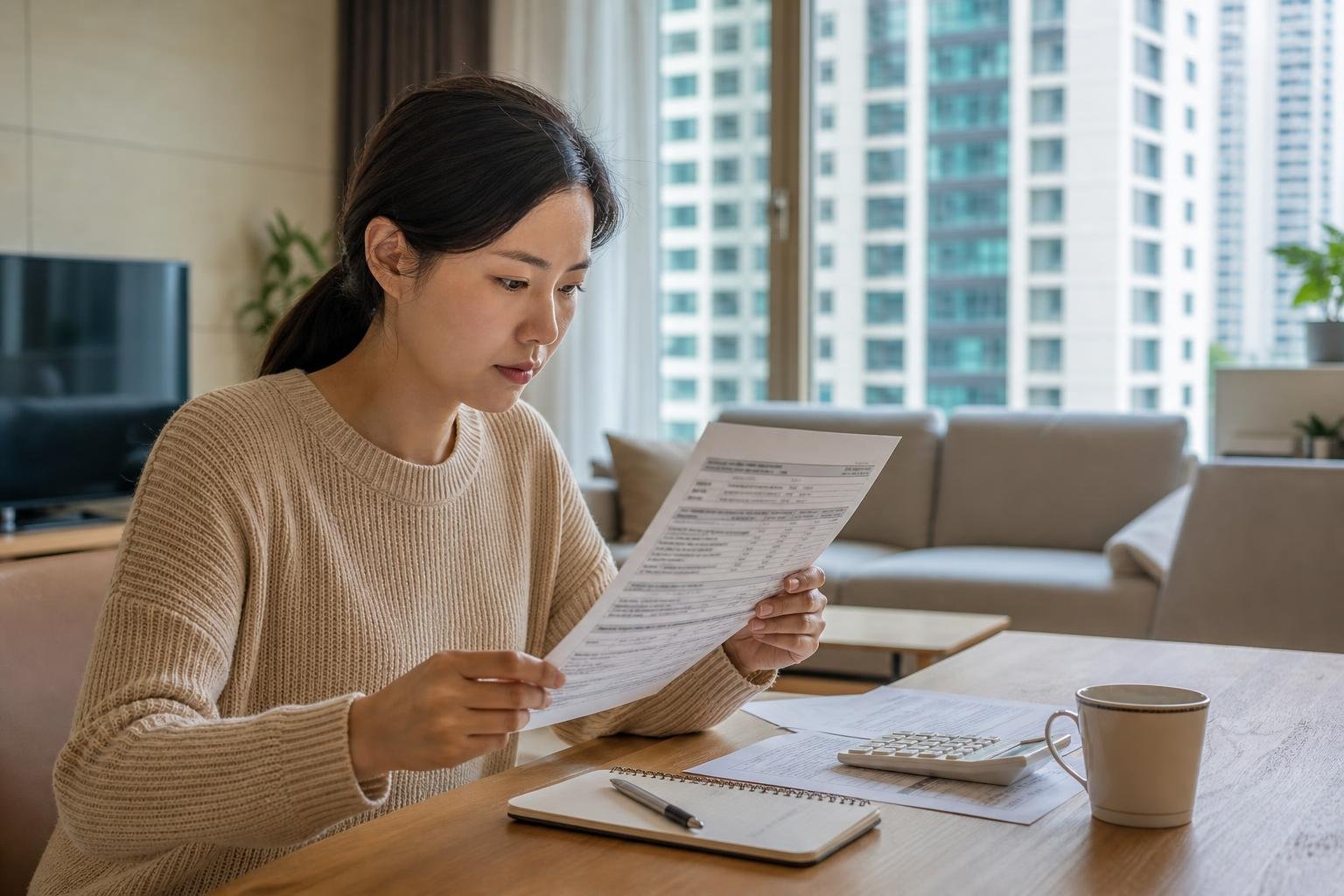 Tenant at a dining table comparing itemized utility and apartment management charges