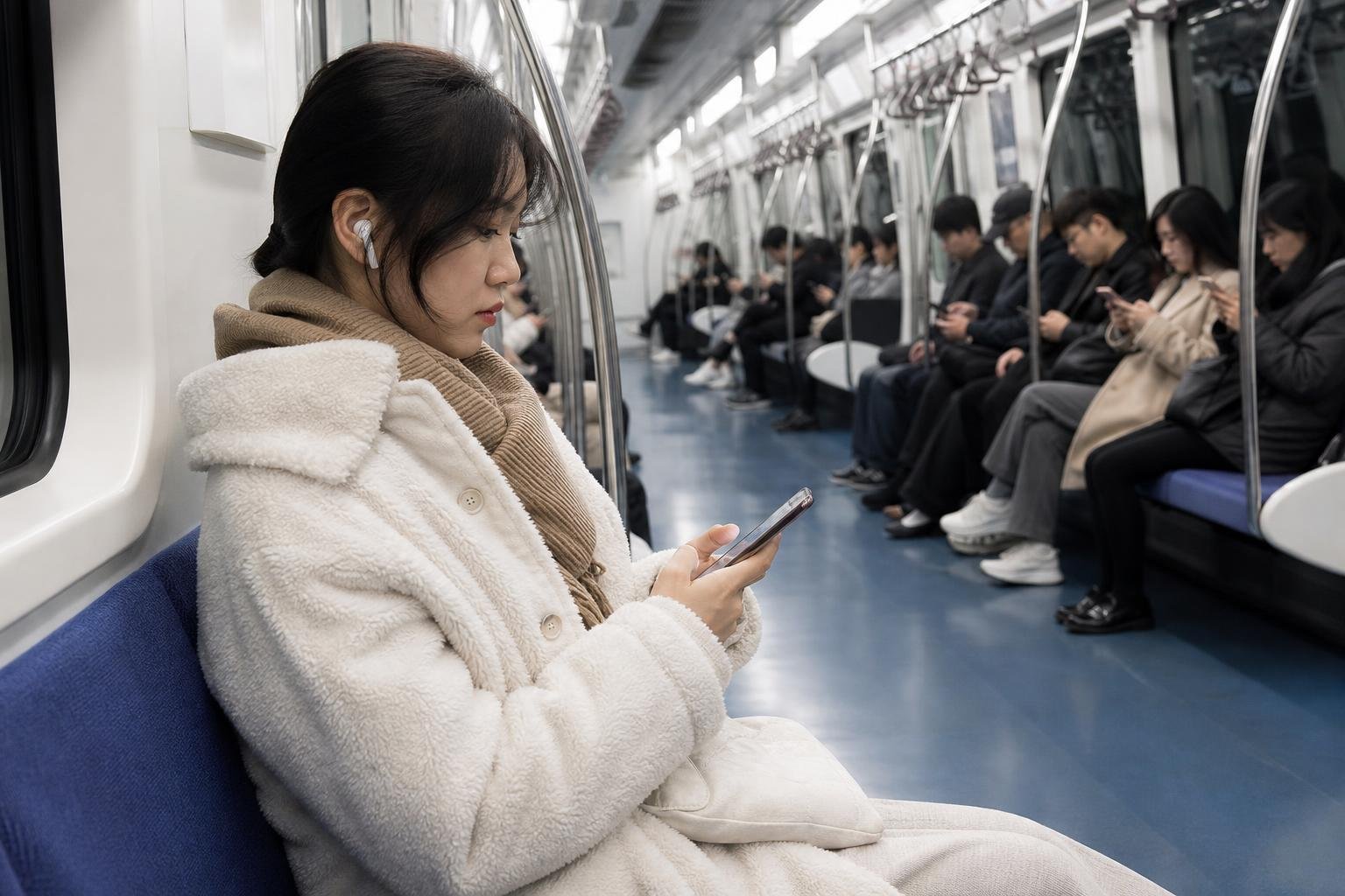 Passengers checking maps and messages on their phones inside a connected Korean city bus