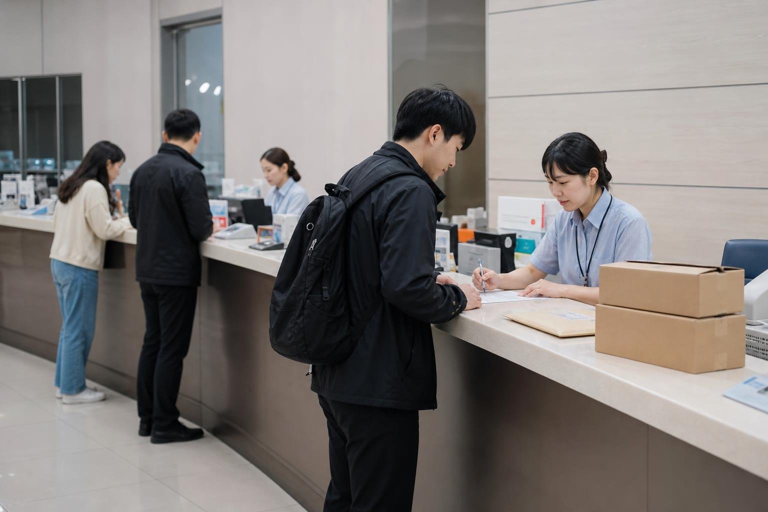 Customer carrying a taped parcel toward a Korea Post counter with red service signage