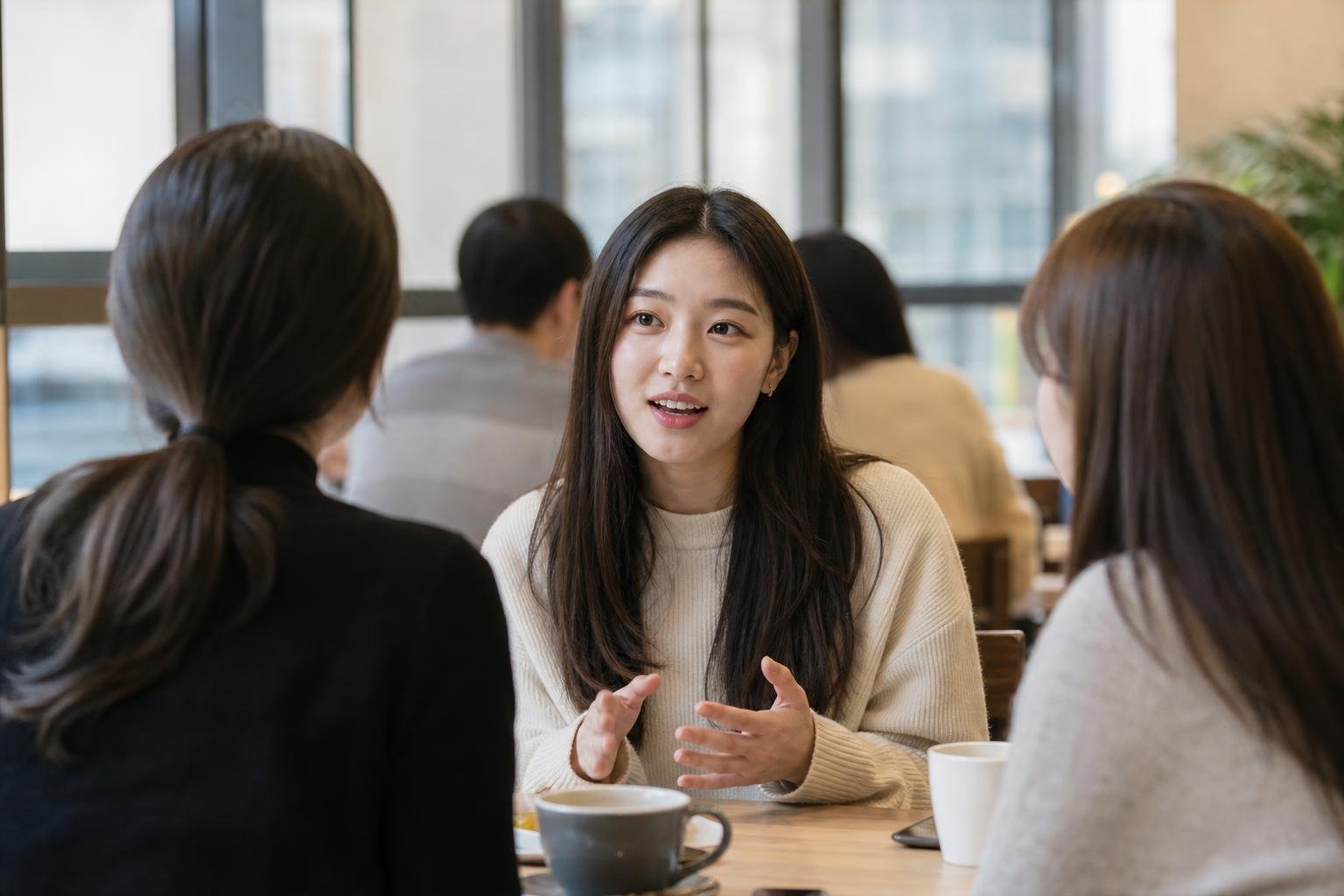 Two adults meeting at a Seoul café and discussing how to address each other