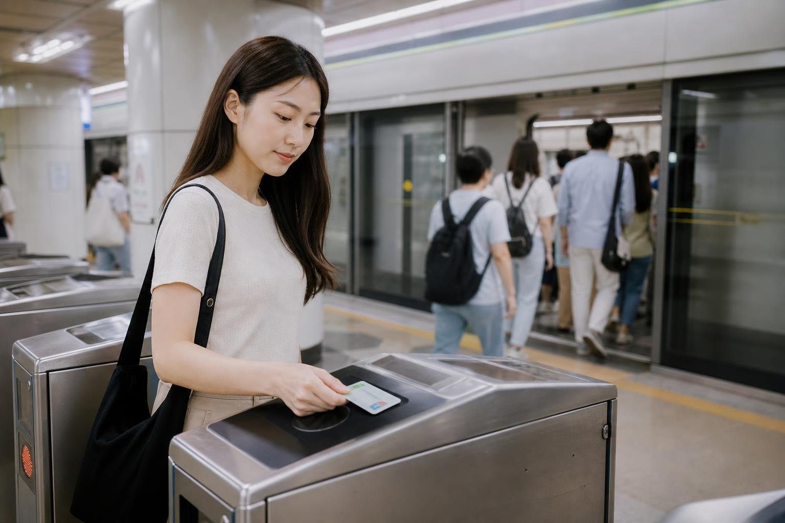 Traveller holding a prepaid T-money card beside a Seoul subway fare gate