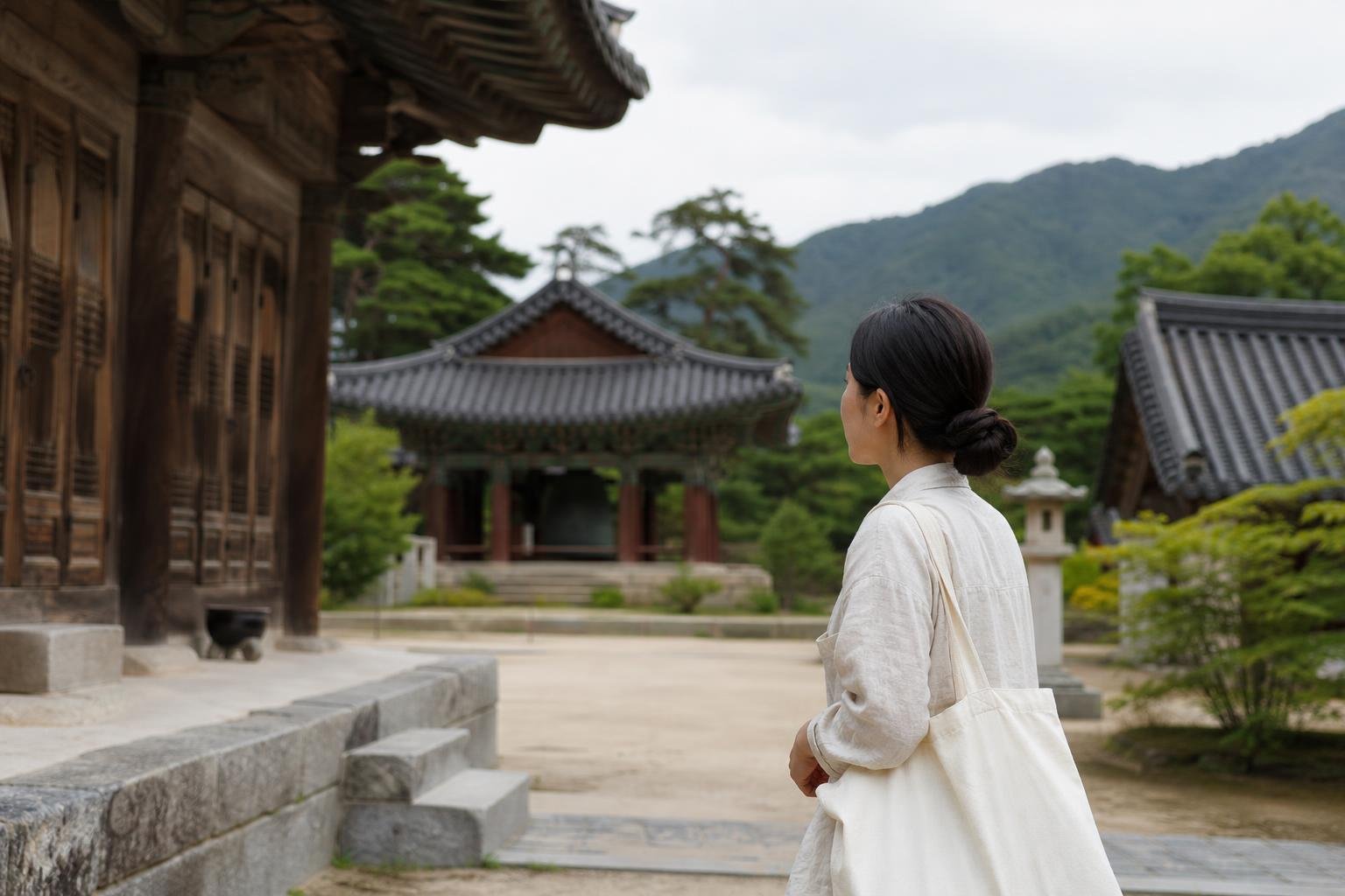 Travelers approaching the painted gate of a mountain temple in South Korea
