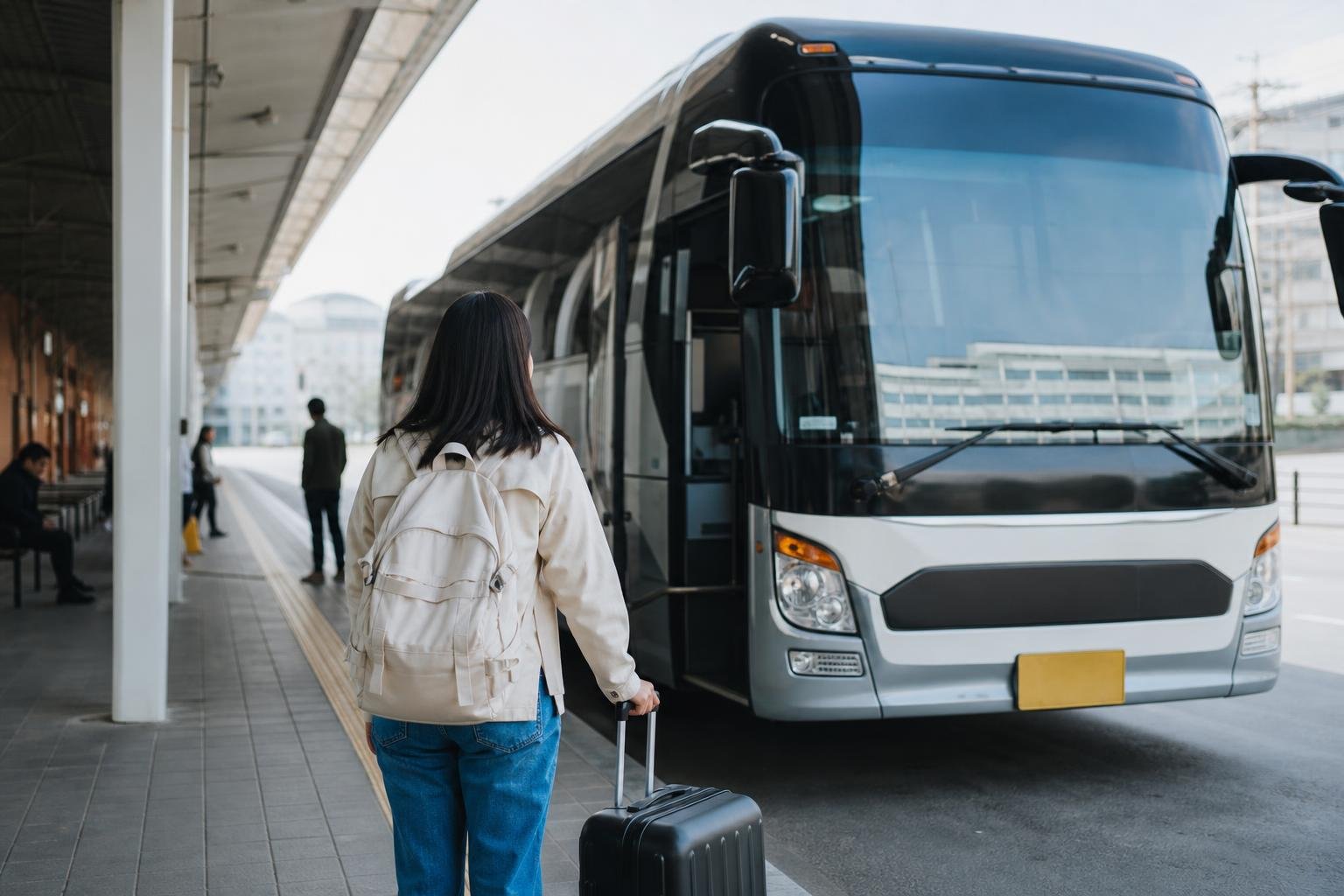Travelers checking an electronic departures board inside a busy Korean long-distance bus terminal