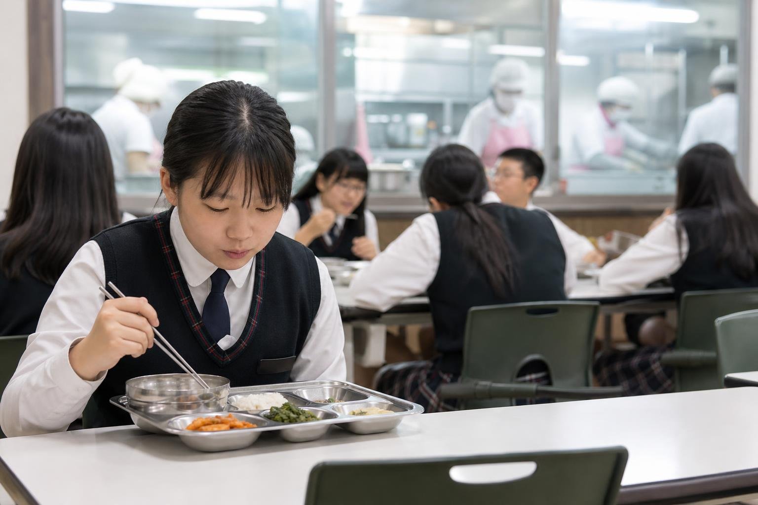 Elementary students returning stainless-steel meal trays in a Korean school cafeteria