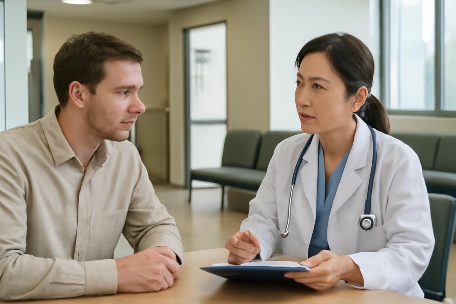 Foreign patient checking in at a modern Korean clinic reception desk