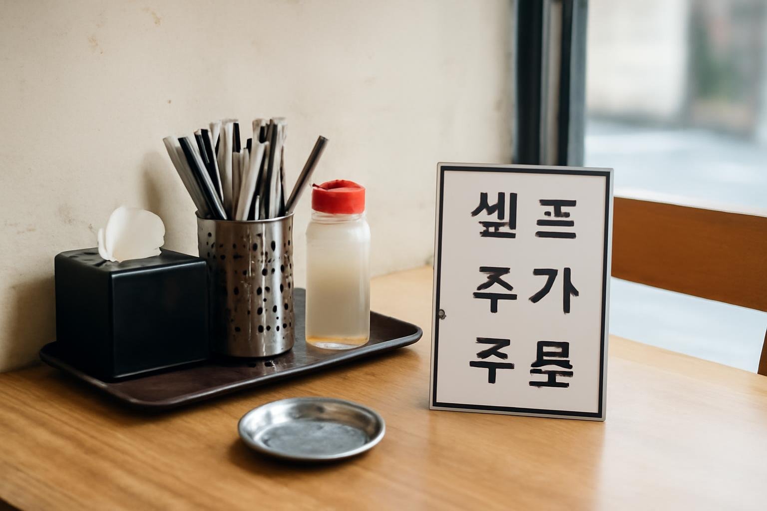 Korean restaurant table with side dishes, metal chopsticks, and a self-service sign
