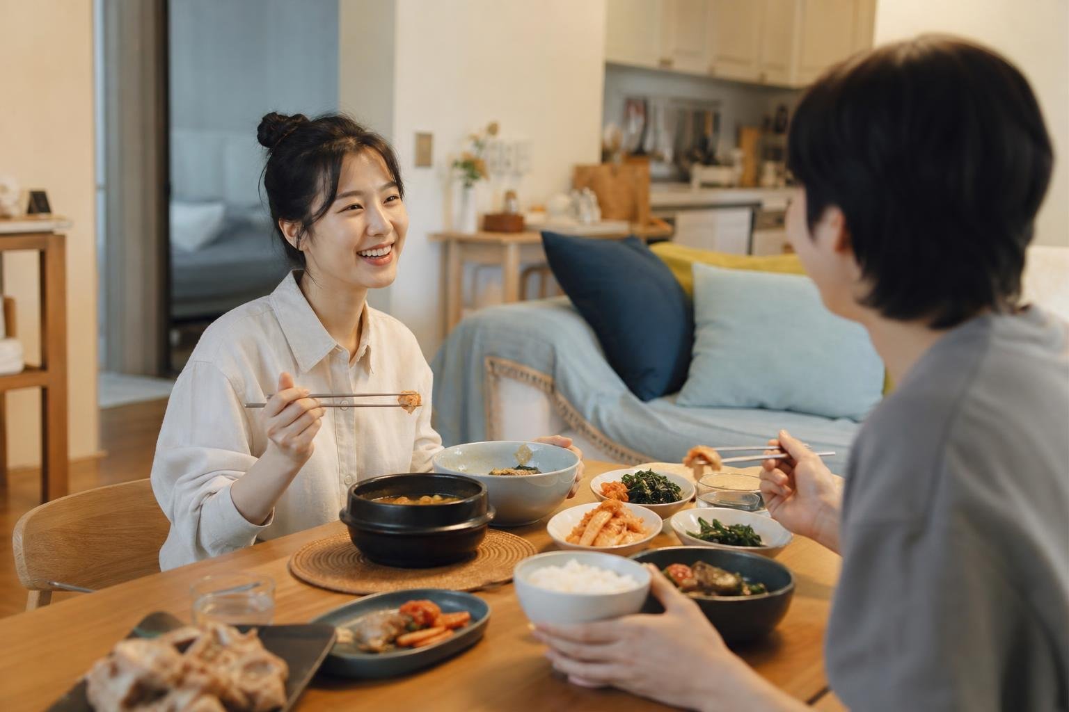 Korean coworkers chatting outside a neighborhood restaurant during lunch hour