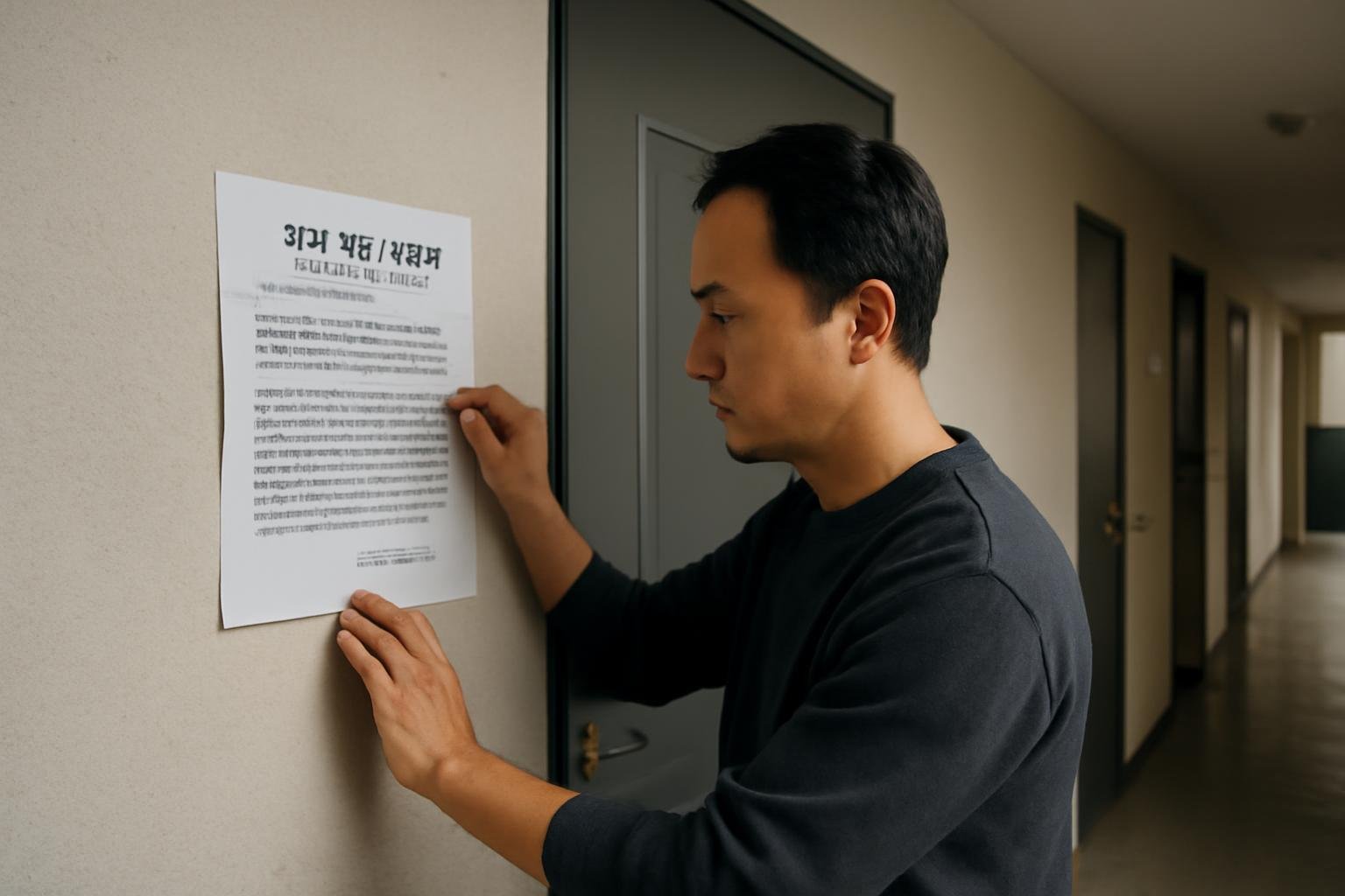 Printed Korean apartment maintenance notice posted beside an elevator