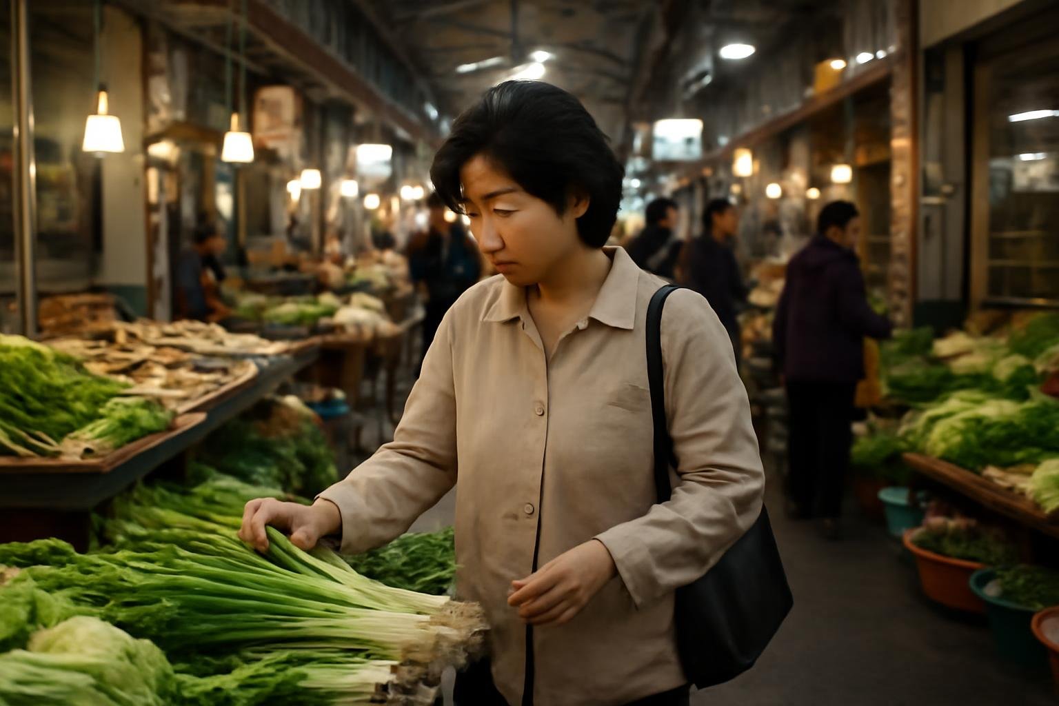 Traveler choosing fresh food at a busy Korean traditional market stall