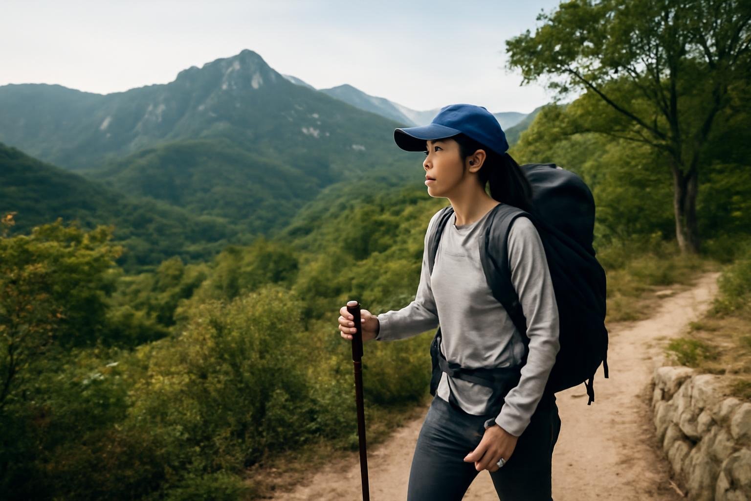 Hikers following a forested mountain trail with Seoul visible beyond the ridge