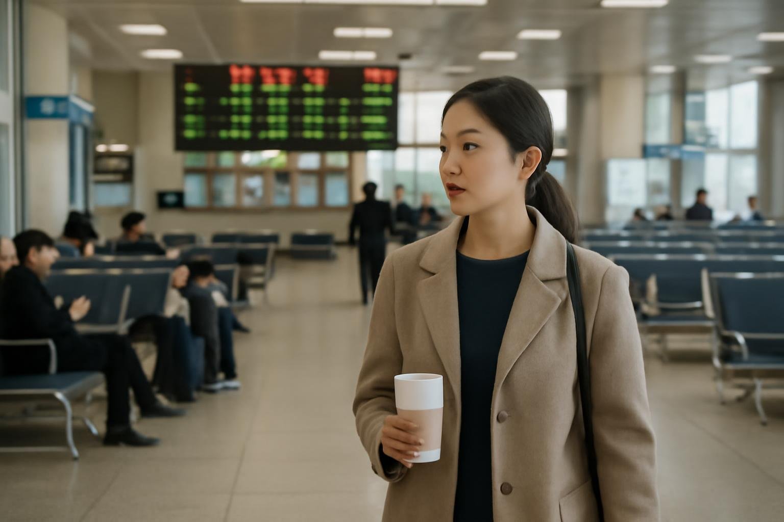 Passengers checking departure screens inside a busy Korean intercity bus terminal