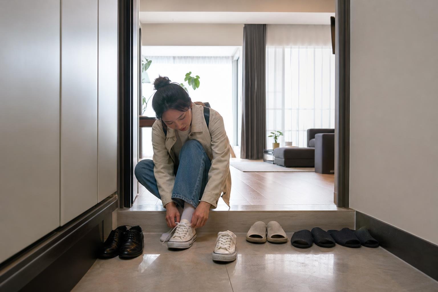 Outdoor shoes lined up below the raised entrance floor of a Korean apartment