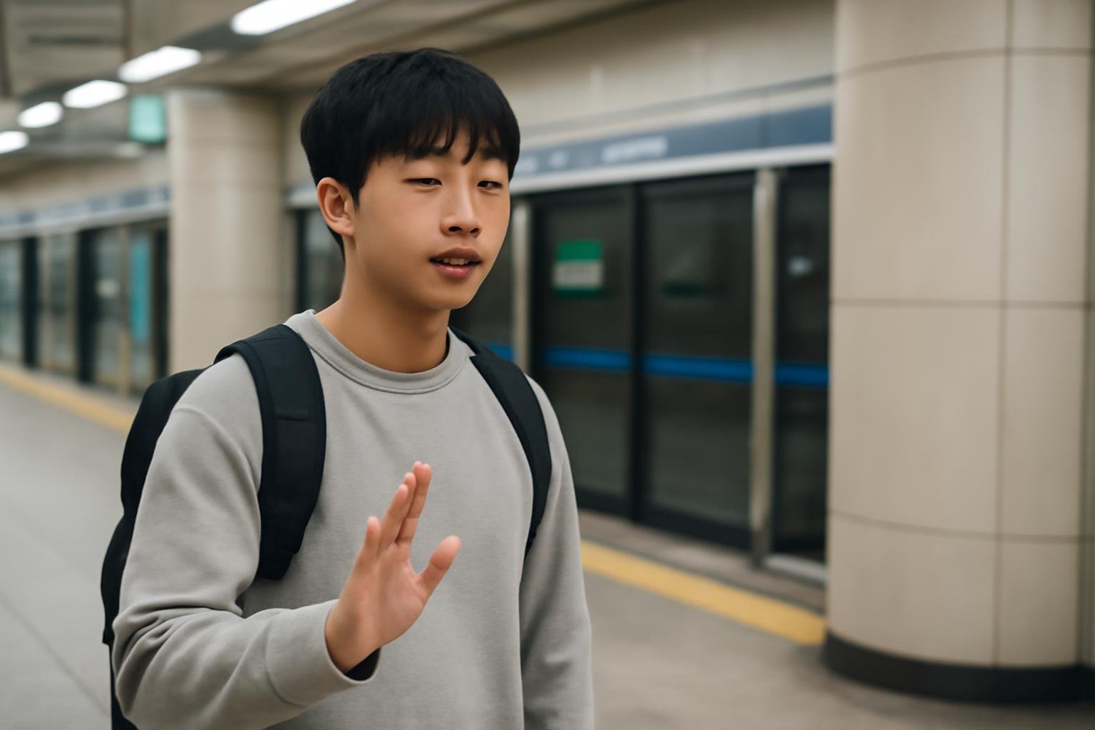 A person politely asking for directions on a busy Korean street