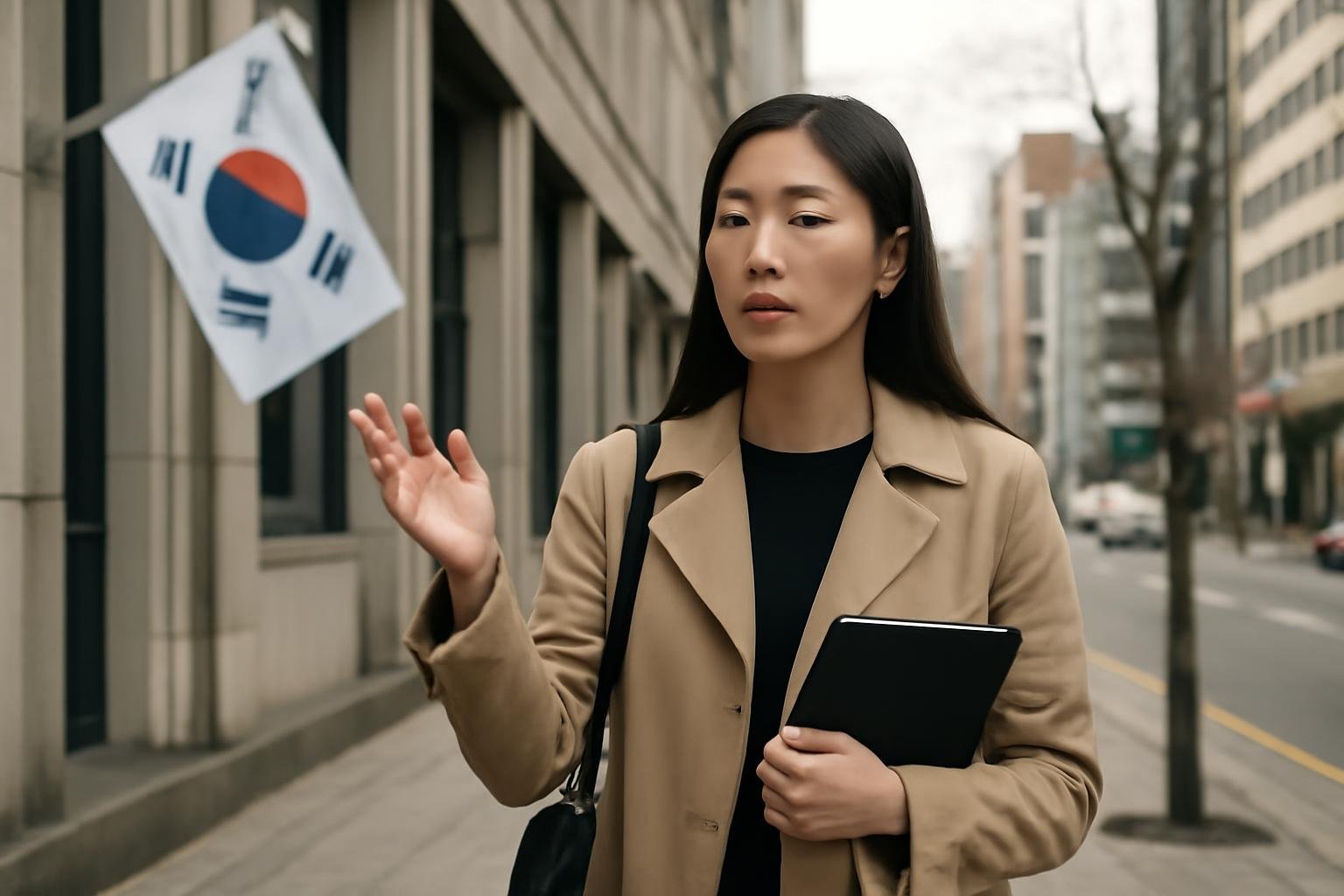Two Korean speakers greeting each other in a workplace while discussing names and titles