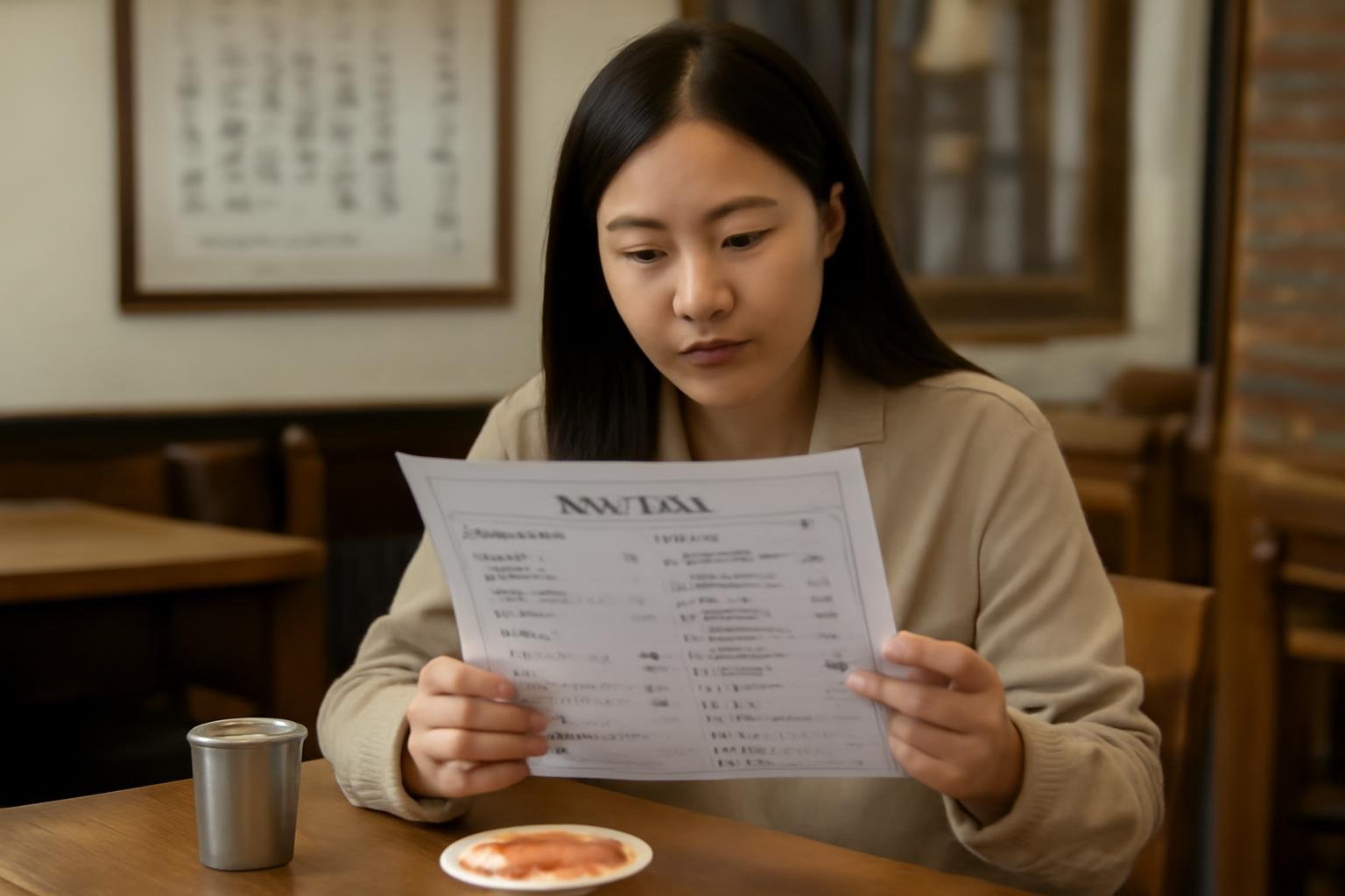 Traveler checking Korean menu ingredients and allergy information at a restaurant table