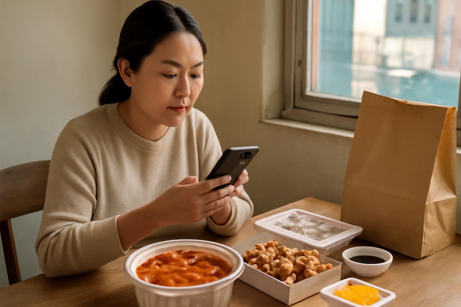 Korean delivery meal with rice, shared dishes, side dishes, and labeled add-ons on a table