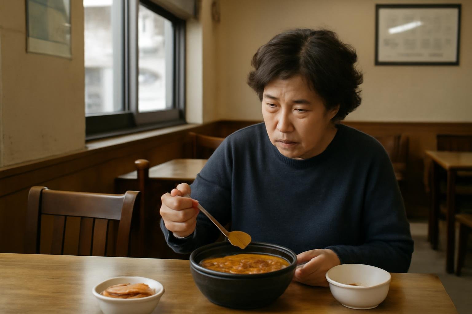 A Korean restaurant table with bubbling jjigae, clear guk, and a shared jeongol hot pot