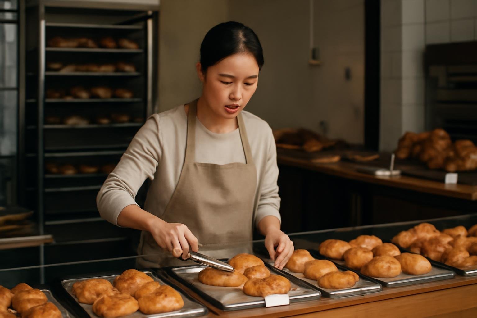 Colorful Korean bakery display with soft buns, cream pastries, and cakes