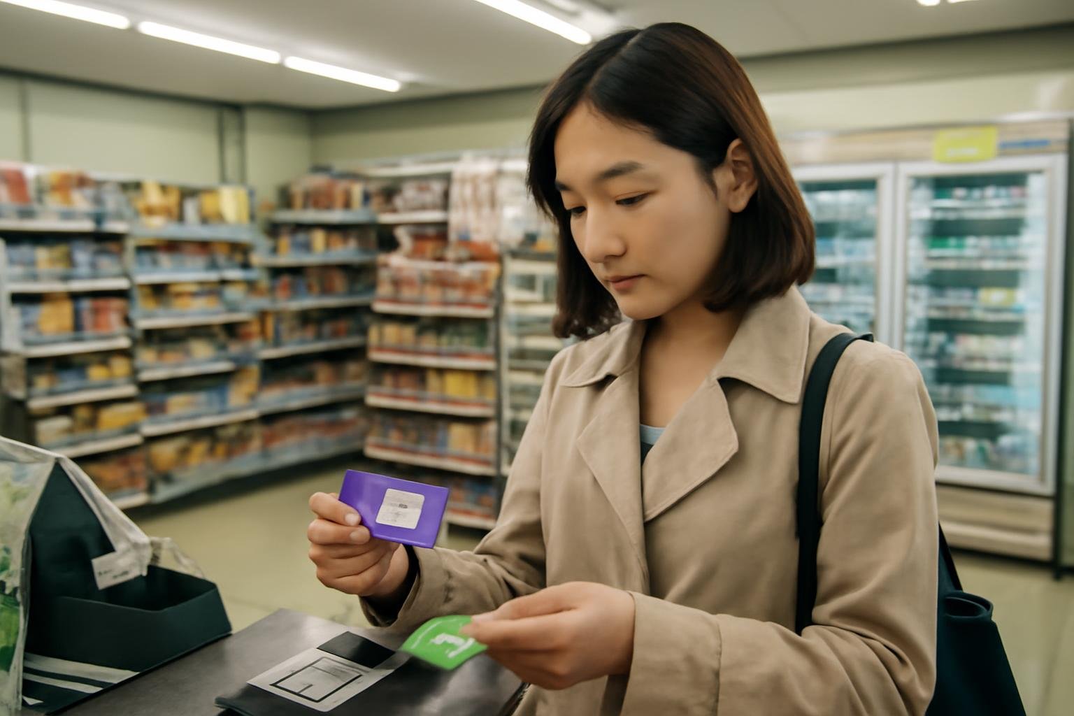 Traveler buying and loading a T-money transit card at a Korean convenience-store counter