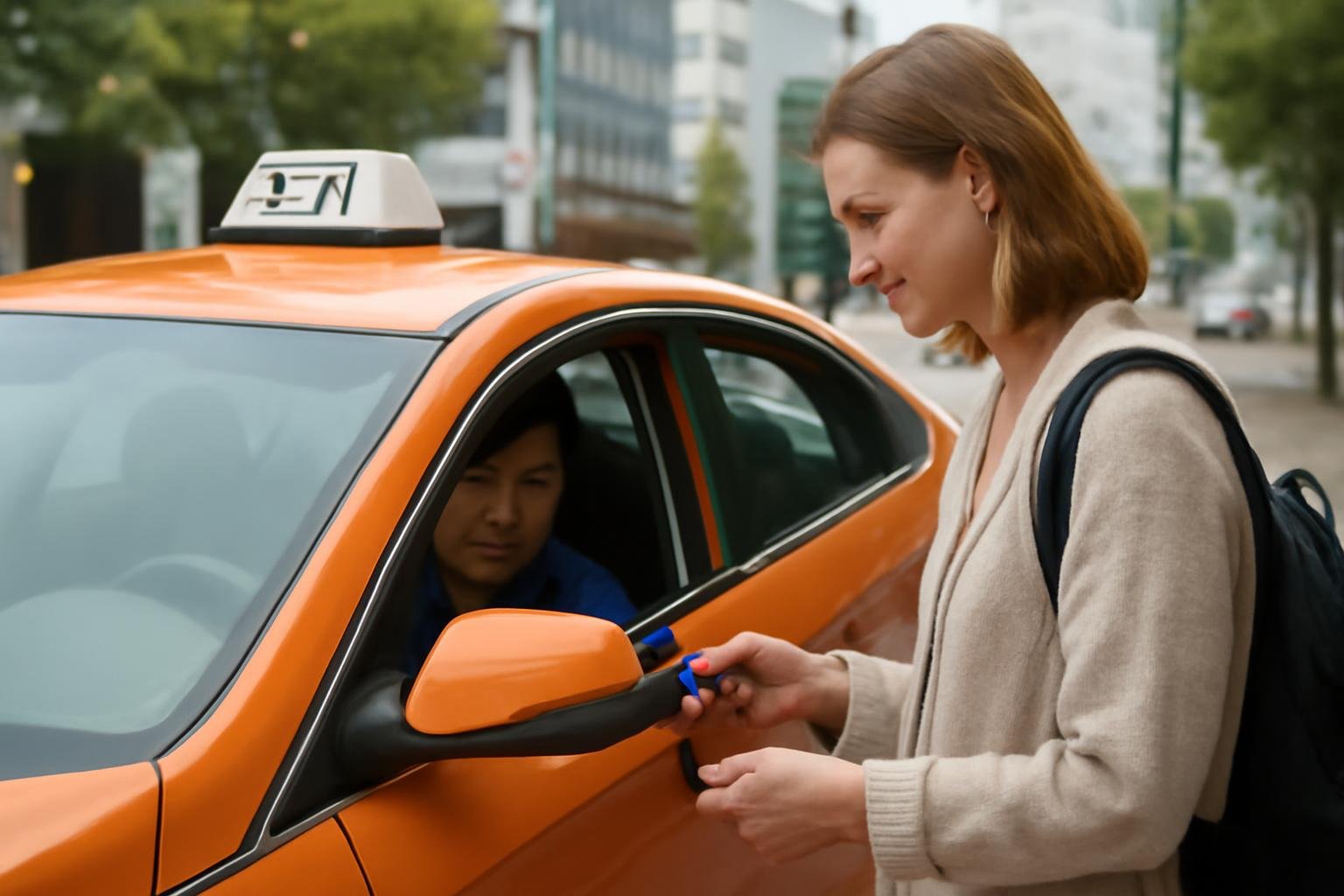 Passenger paying a Seoul taxi driver with an international credit card