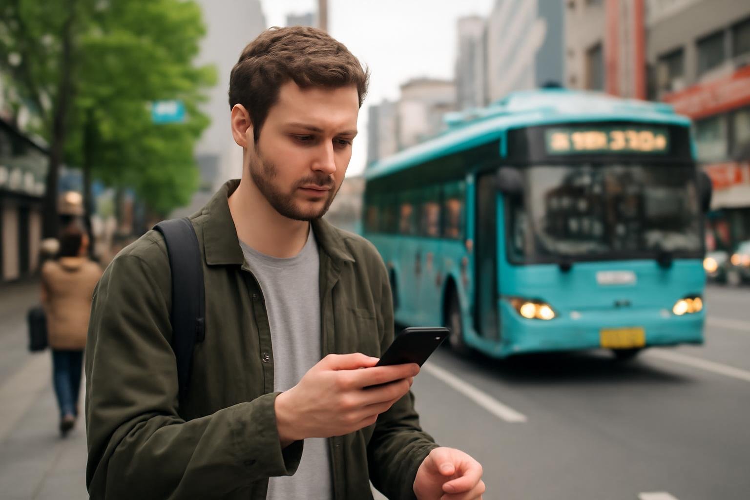 Traveler checking a Korean transport app beside a T-money card and subway station sign