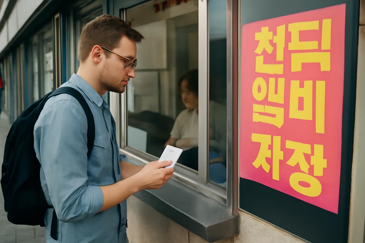 International concertgoer collecting a ticket at a venue box office in Korea