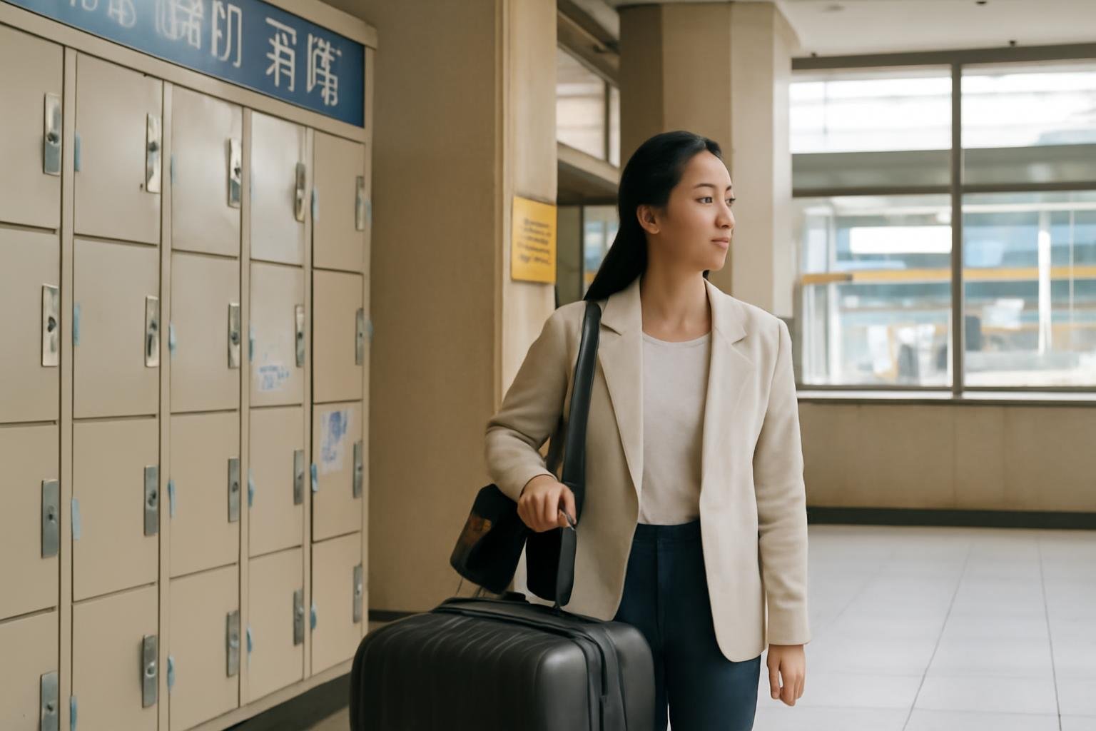 Travelers placing suitcases in luggage lockers at a Korean railway station