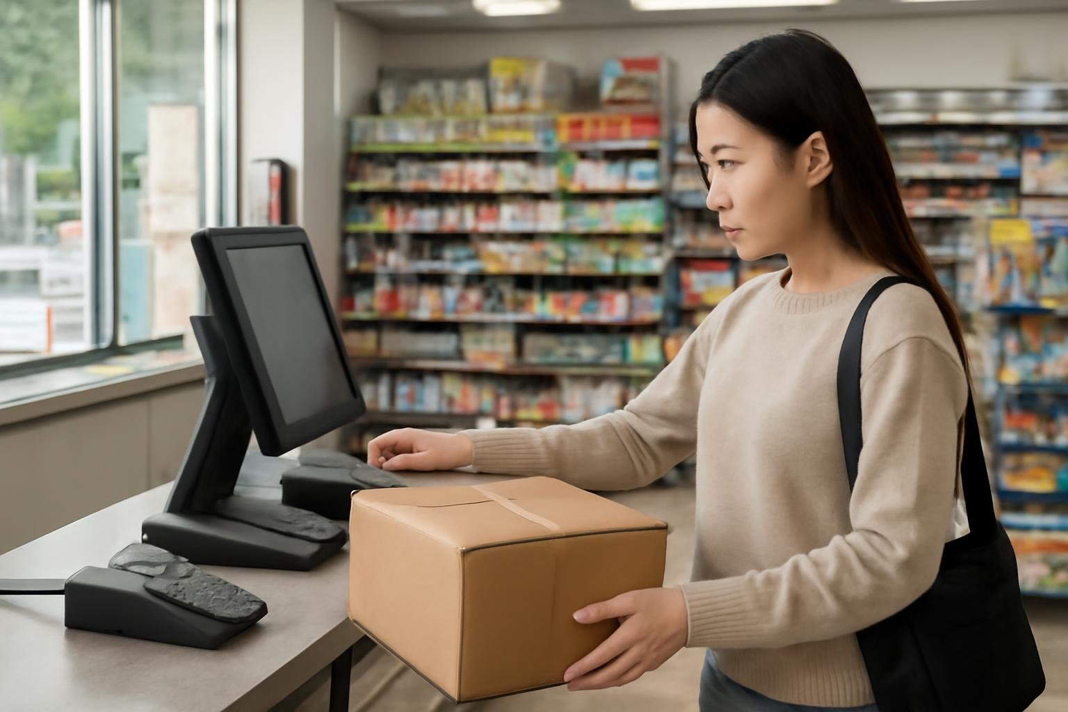A customer attaching a printed parcel label at a Korean convenience-store shipping kiosk