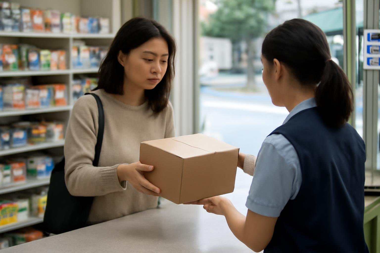 A shopper checking a Korean online order and preparing a parcel for return