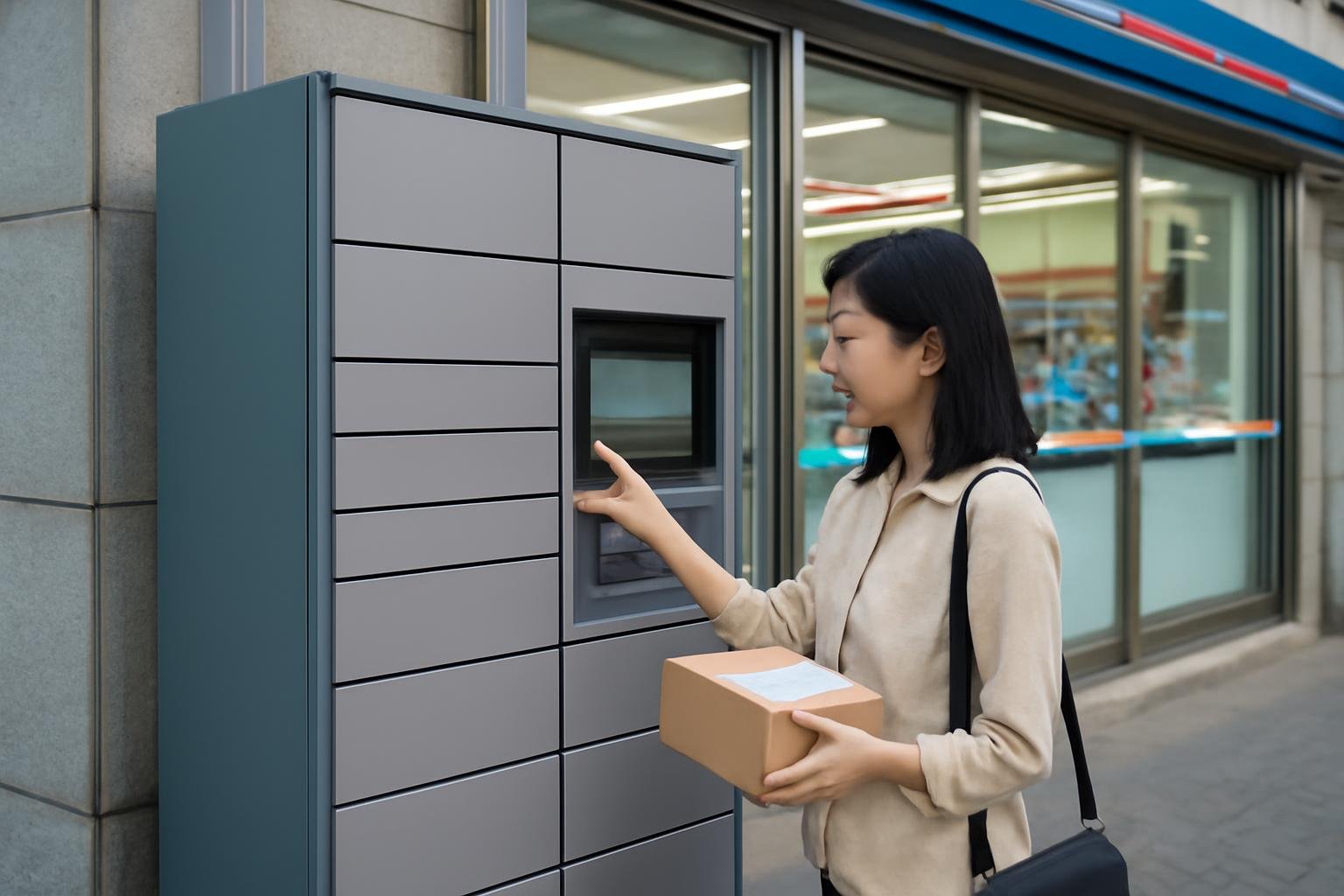 Resident opening an unmanned parcel locker in a Korean apartment lobby