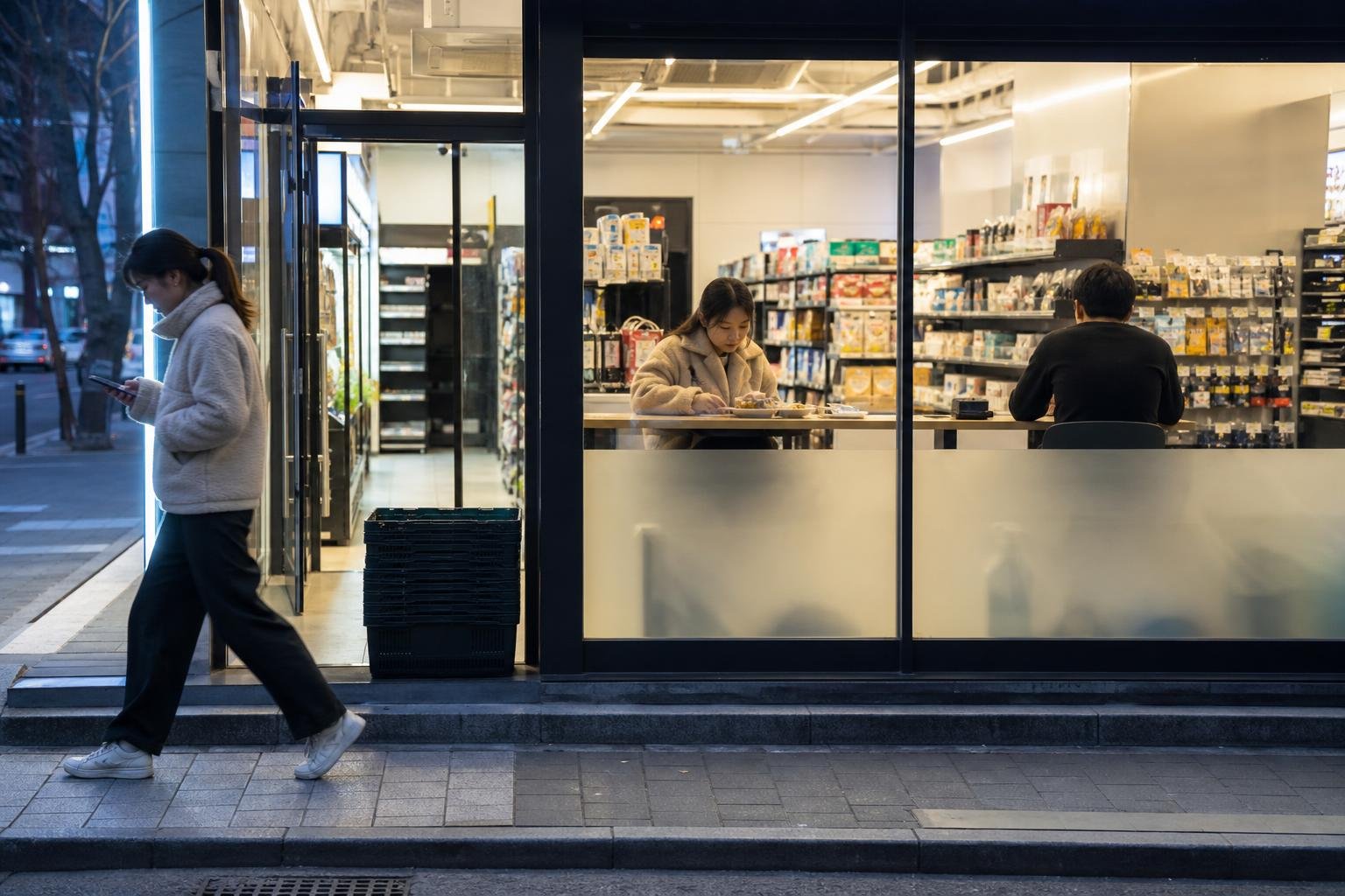 Illuminated convenience store beside apartment buildings on a Korean residential street at night