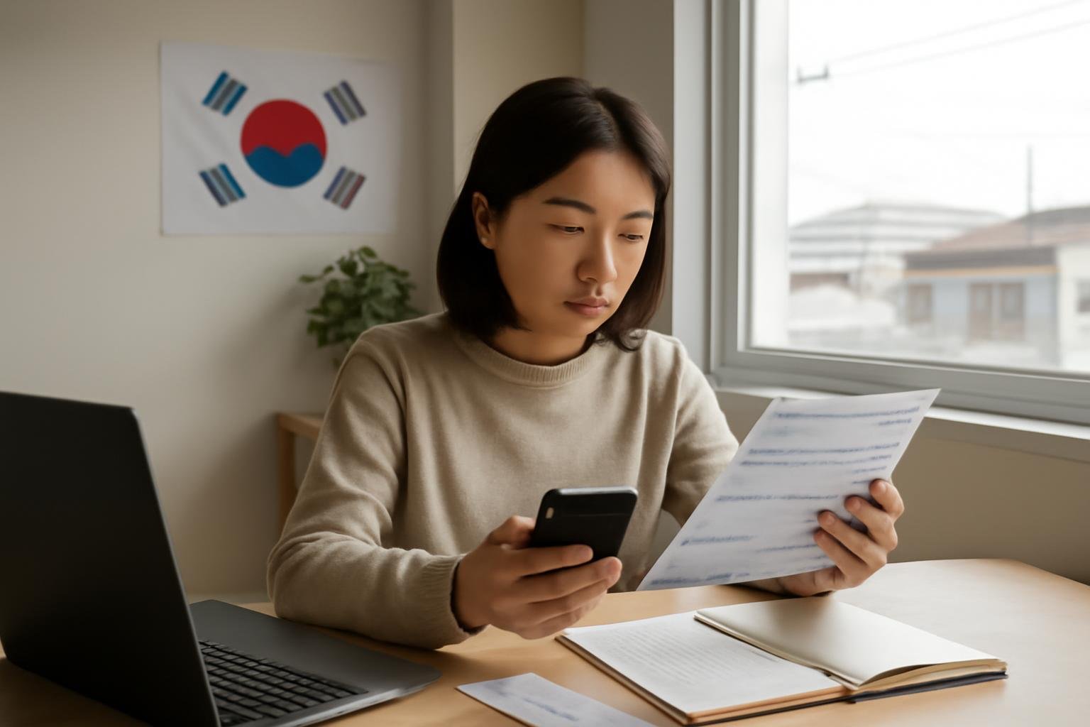 Foreigner holding a Korean utility bill beside a convenience store payment counter