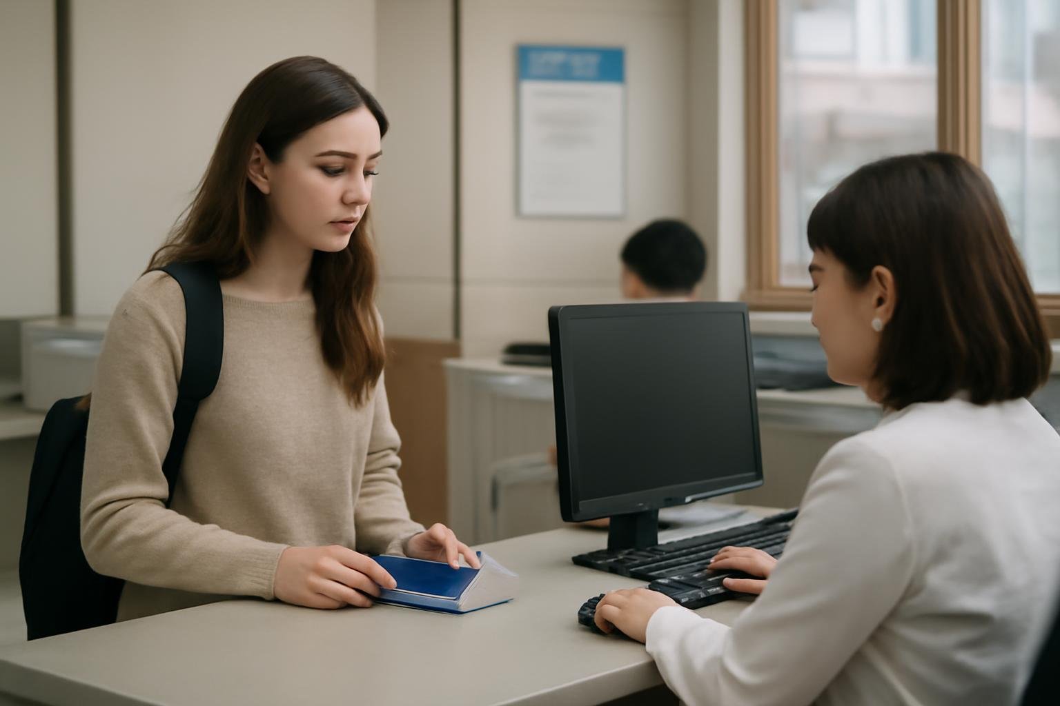 Foreigner completing bank account paperwork at a Korean bank branch