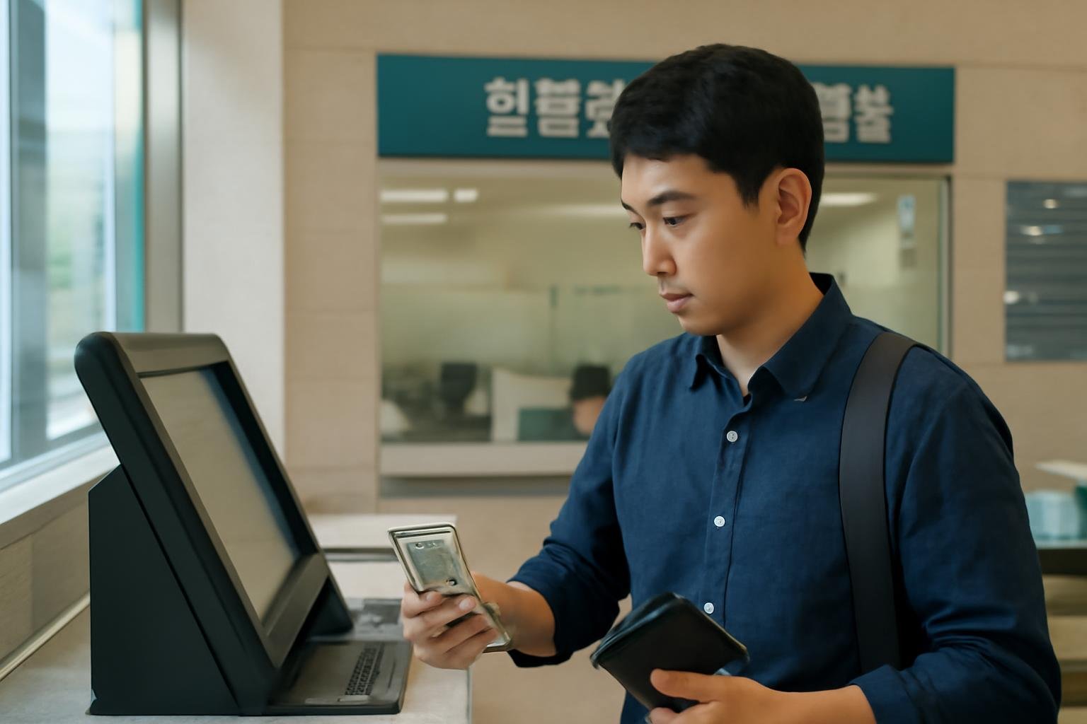 Foreigner checking an international money transfer on a smartphone beside a Korean bank card