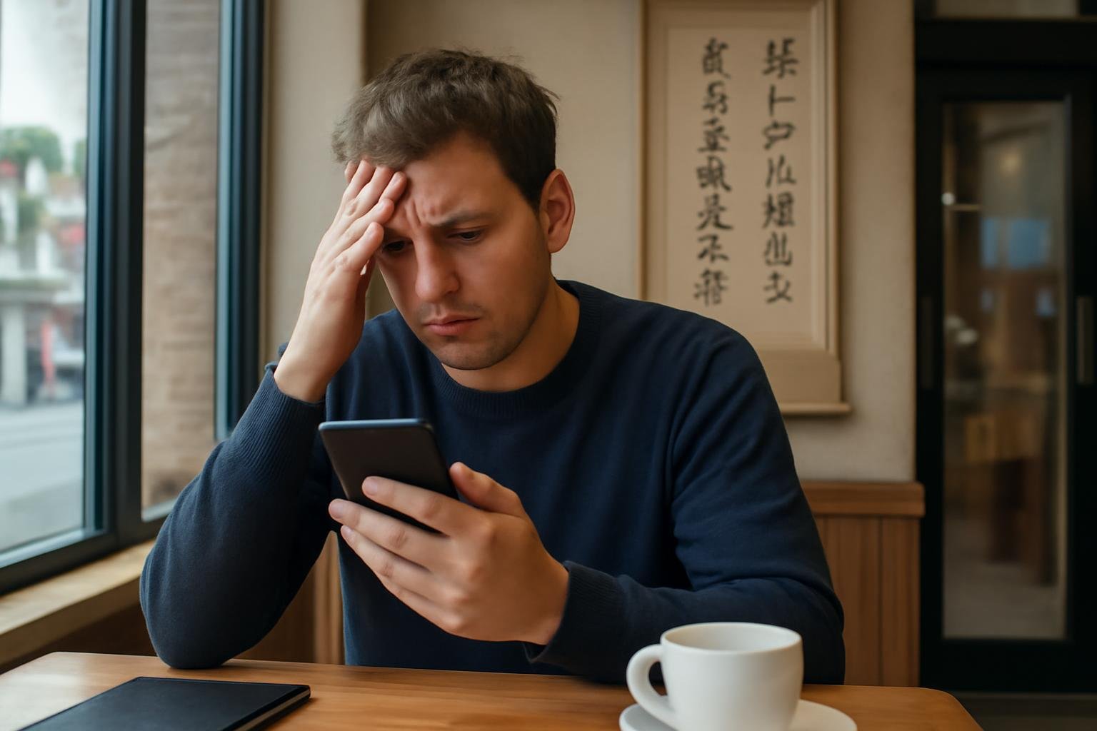 Traveler checking a Korean app error on a smartphone beside a Korean App Store screen