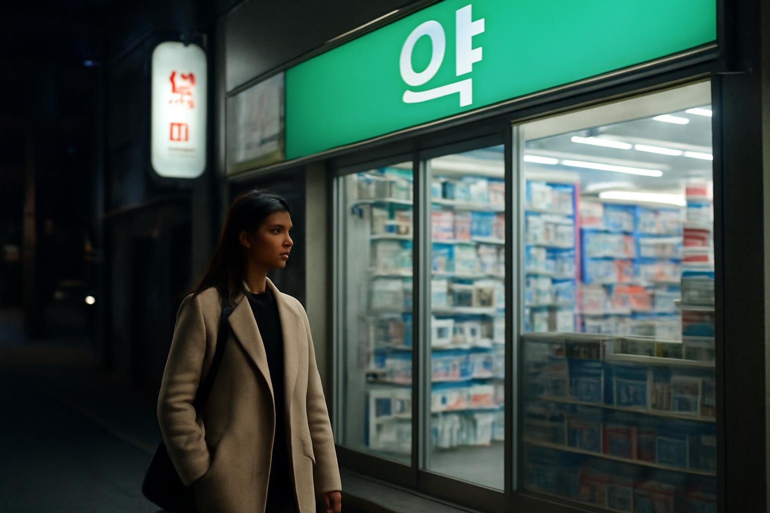 A Korean pharmacist checking medicine behind the counter at night