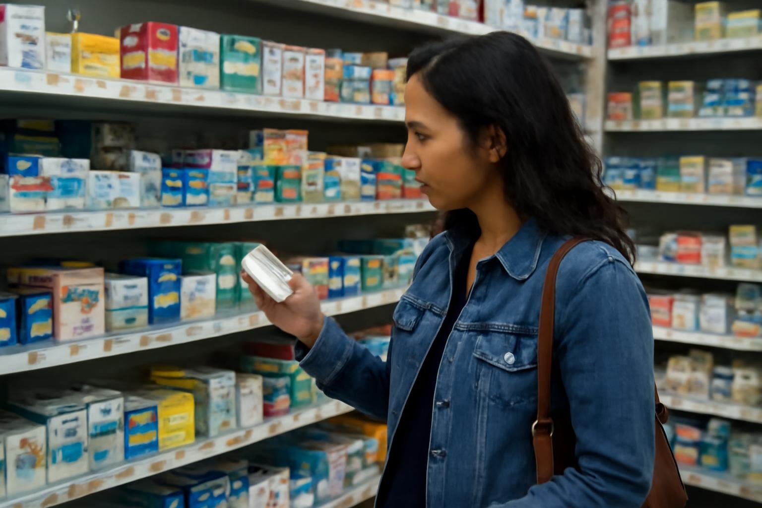 Foreigner showing a translated symptom note to a pharmacist at a Korean pharmacy