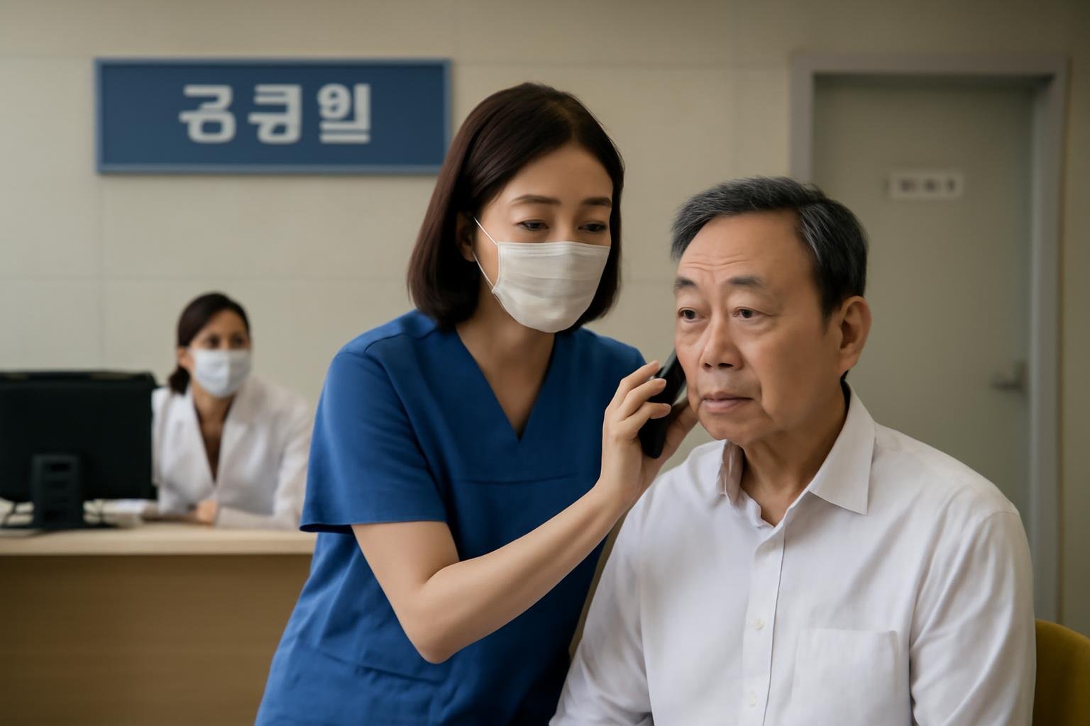 Foreign visitor speaking with an interpreter beside an ambulance in South Korea