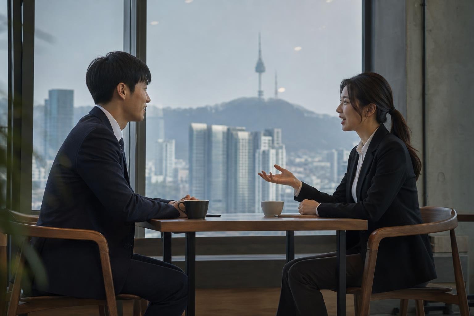 Korean team members addressing a colleague during an office meeting