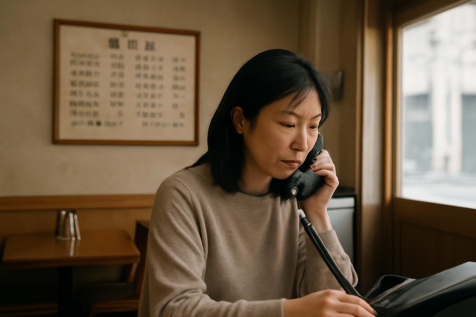 Diners calling a Korean restaurant while checking reservation details on a phone