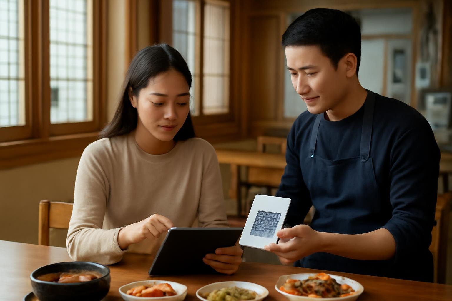 Diner selecting Korean dishes on a tablet beside a QR-code menu at a restaurant table