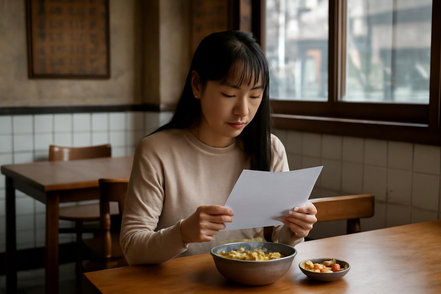Traveler showing a Korean food allergy card to a restaurant server