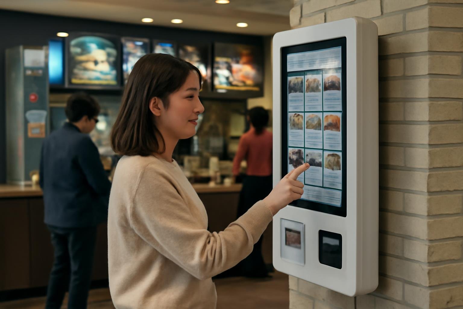 Customer using a self-service ordering kiosk in a Korean fast-food restaurant