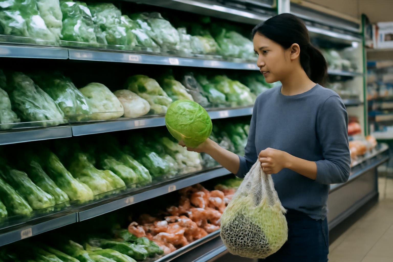Reusable mesh produce bags beside fresh fruit and vegetables in a Korean supermarket